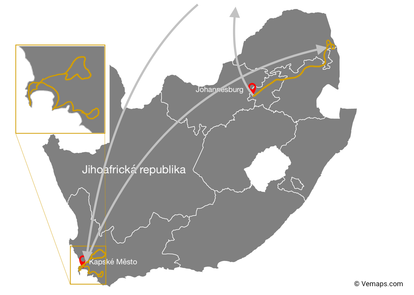 Mapa Jihoafrické republiky, za vínem do Cape Town
