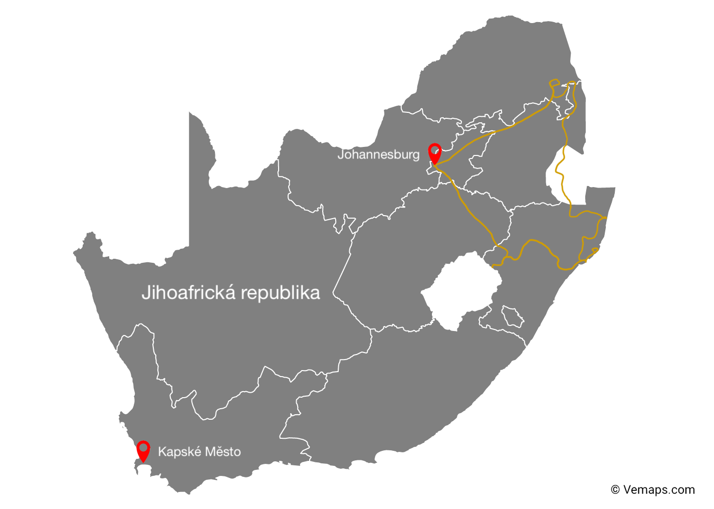 Mapa Jihoafrické republiky, cesta po severu JAR